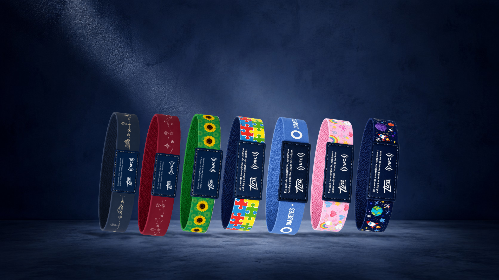Pulseiras Tira NFC enfileiradas — autismo, diabetes, infantil, espacial e mais